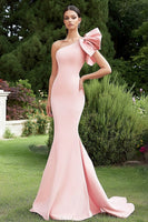 Load image into Gallery viewer, Pink One Shoulder Mermaid Satin Long Wedding Guest Dress with Ruffles