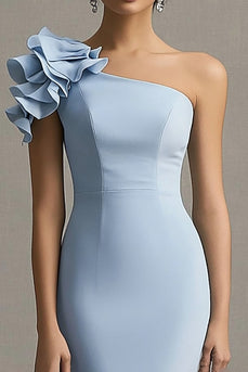 Sky Blue One Shoulder Satin Mermaid Wedding Guest Dress with Ruffles