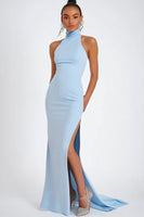 Load image into Gallery viewer, Sky Blue Satin Mermaid Long Wedding Guest Dress with Slit