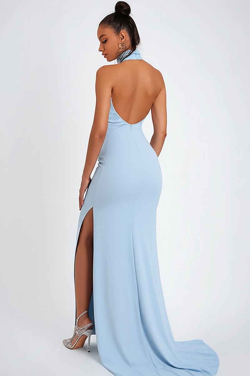 Load image into Gallery viewer, Sky Blue Satin Mermaid Long Wedding Guest Dress with Slit