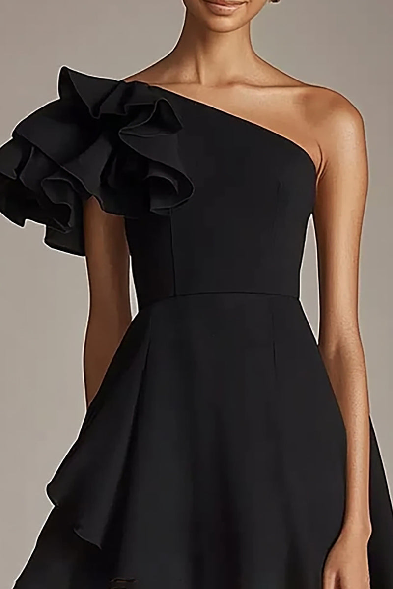 Black A-Line One Shoulder Stretch Satin Dress main image 0