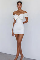 Load image into Gallery viewer, White Sheath Satin Off the Shoulder Mini Graduation Dress with Bowknot