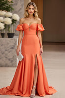 Load image into Gallery viewer, Orange Sheath Satin Off the Shoulder Prom Dress with Slit