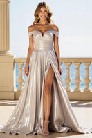 Load image into Gallery viewer, Metallic Silver A Line Off the Shoulder Prom Dress with Slit