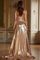 Load image into Gallery viewer, Champagne A Line Satin Sweetheart Prom Dress with Slit