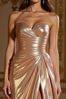 Load image into Gallery viewer, Champagne A Line Satin Sweetheart Prom Dress with Slit
