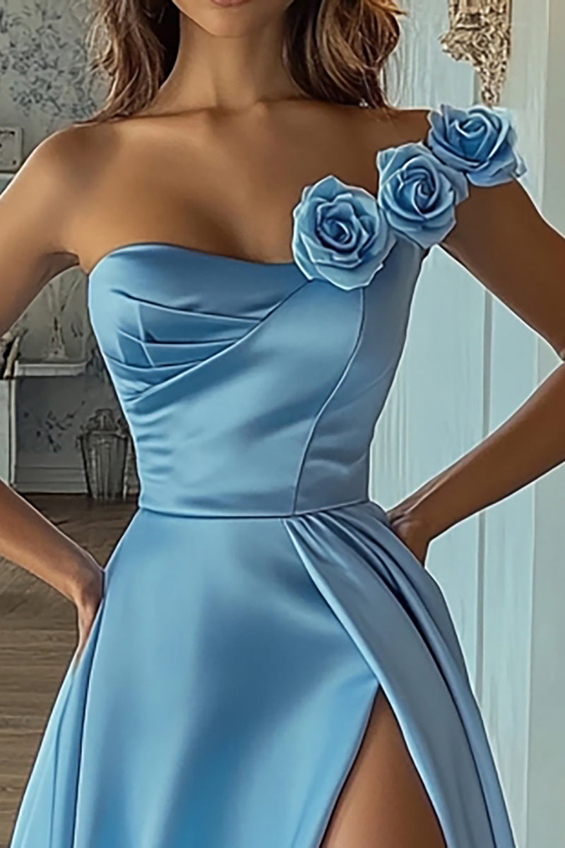 Load image into Gallery viewer, Sky Blue A Line Satin One Shoulder Long Prom Dress with Slit