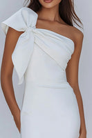 Load image into Gallery viewer, White Sheath Satin One Shoulder Graduation Dress with Bow