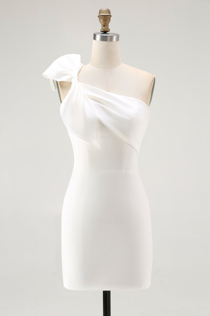 Load image into Gallery viewer, White Satin Sheath One Shoulder Short Graduation Dress with Bow