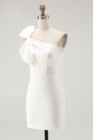 Load image into Gallery viewer, White Satin Sheath One Shoulder Short Graduation Dress with Bow