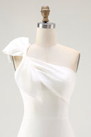 Load image into Gallery viewer, White Satin Sheath One Shoulder Short Graduation Dress with Bow
