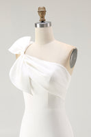 Load image into Gallery viewer, White Satin Sheath One Shoulder Short Graduation Dress with Bow
