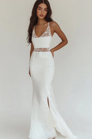 Load image into Gallery viewer, White Mermaid Satin V-Neck Rehearsal Dinner Dress with Slit