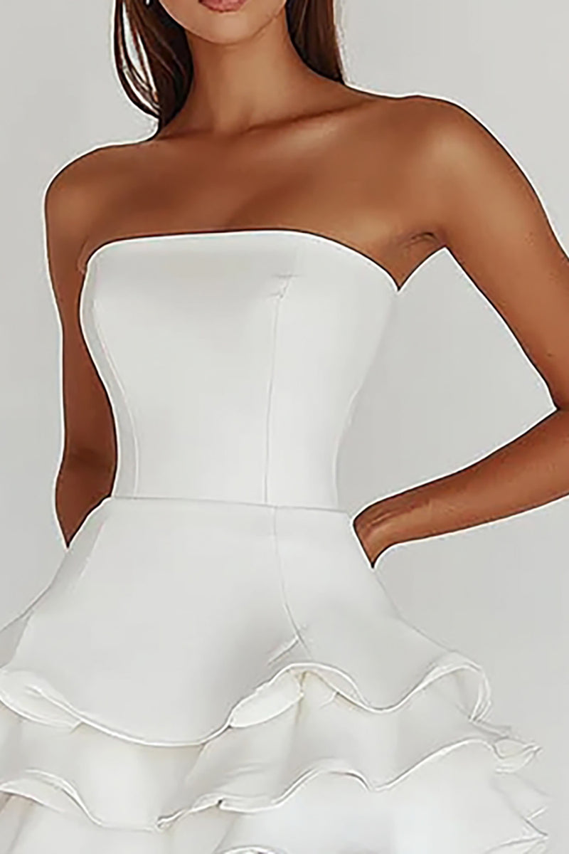 Queendancer Women White A Line Satin Graduation Dress Strapless Ruffled