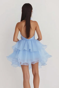 Sky Blue Tulle A Line Halter Backless Graduation Dress