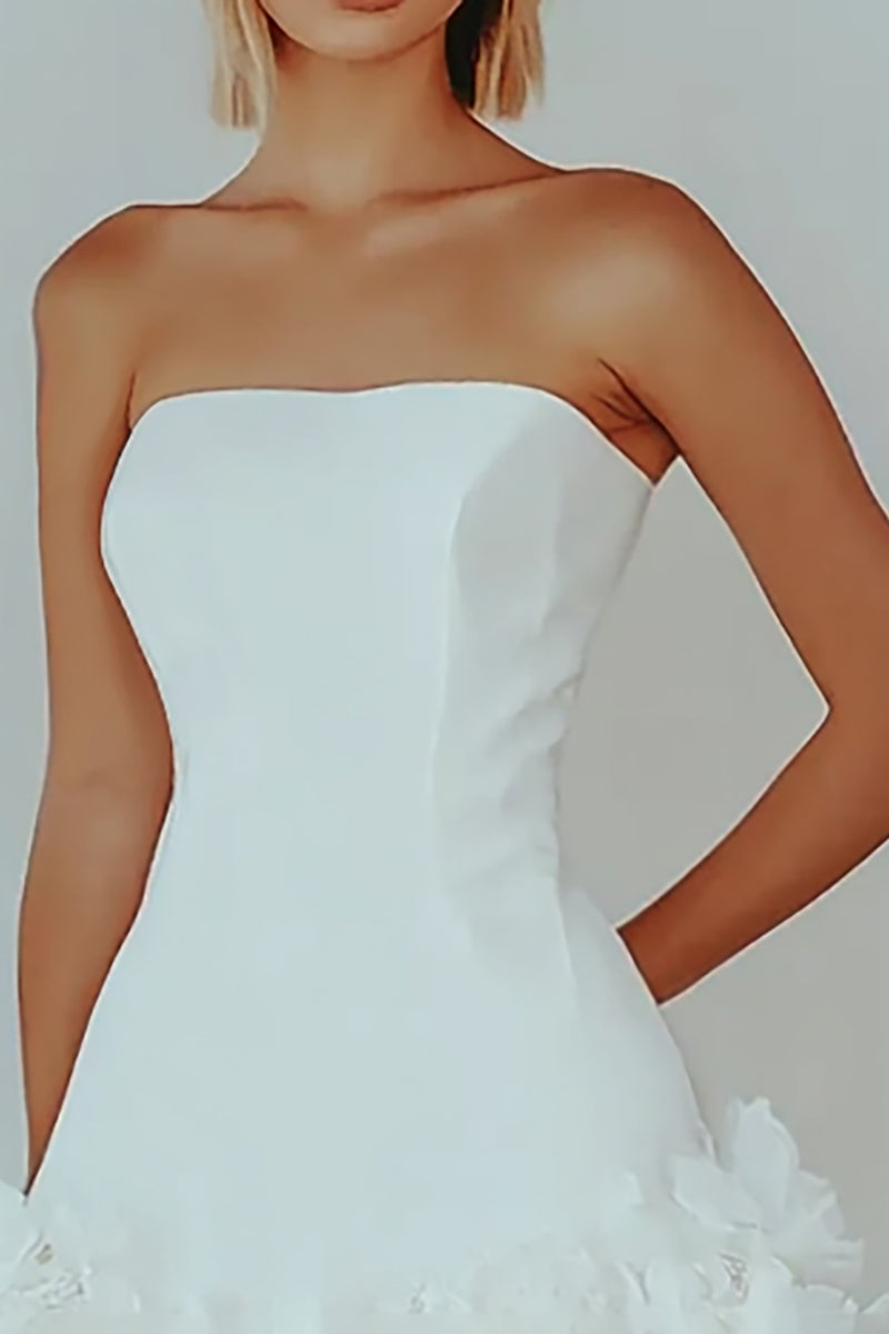 Queendancer Women White Satin Tiered Graduation Dress Ruffled Strapless