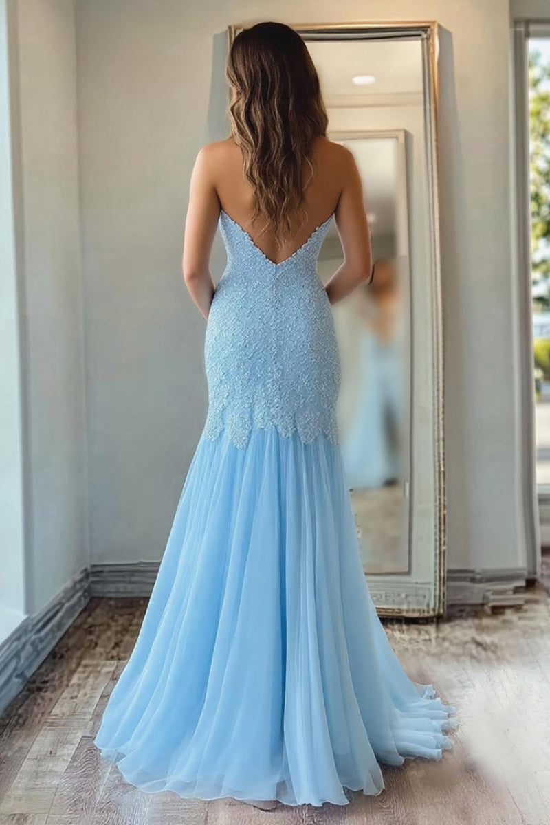 Load image into Gallery viewer, Sky Blue Mermaid Chiffon Sweetheart Long Prom Dress with Slit
