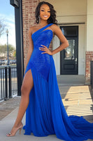 Load image into Gallery viewer, Sparkly Royal Blue A Line Sequins Long Prom Dress with Slit