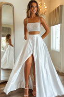 Load image into Gallery viewer, White Two-Piece Satin Long Prom Dress with Slit