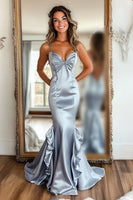 Load image into Gallery viewer, Silver Mermaid Satin Ruched Long Prom Dress with Ruffles