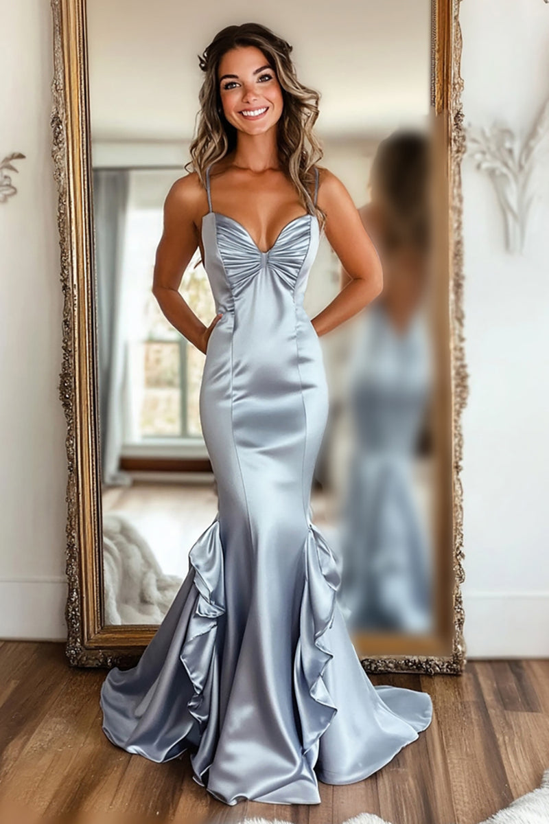 Load image into Gallery viewer, Silver Mermaid Satin Ruched Long Prom Dress with Ruffles