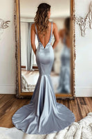 Load image into Gallery viewer, Silver Mermaid Satin Ruched Long Prom Dress with Ruffles