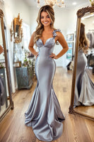 Load image into Gallery viewer, Grey Mermaid Satin Sweetheart Long Prom Dress with Ruffles