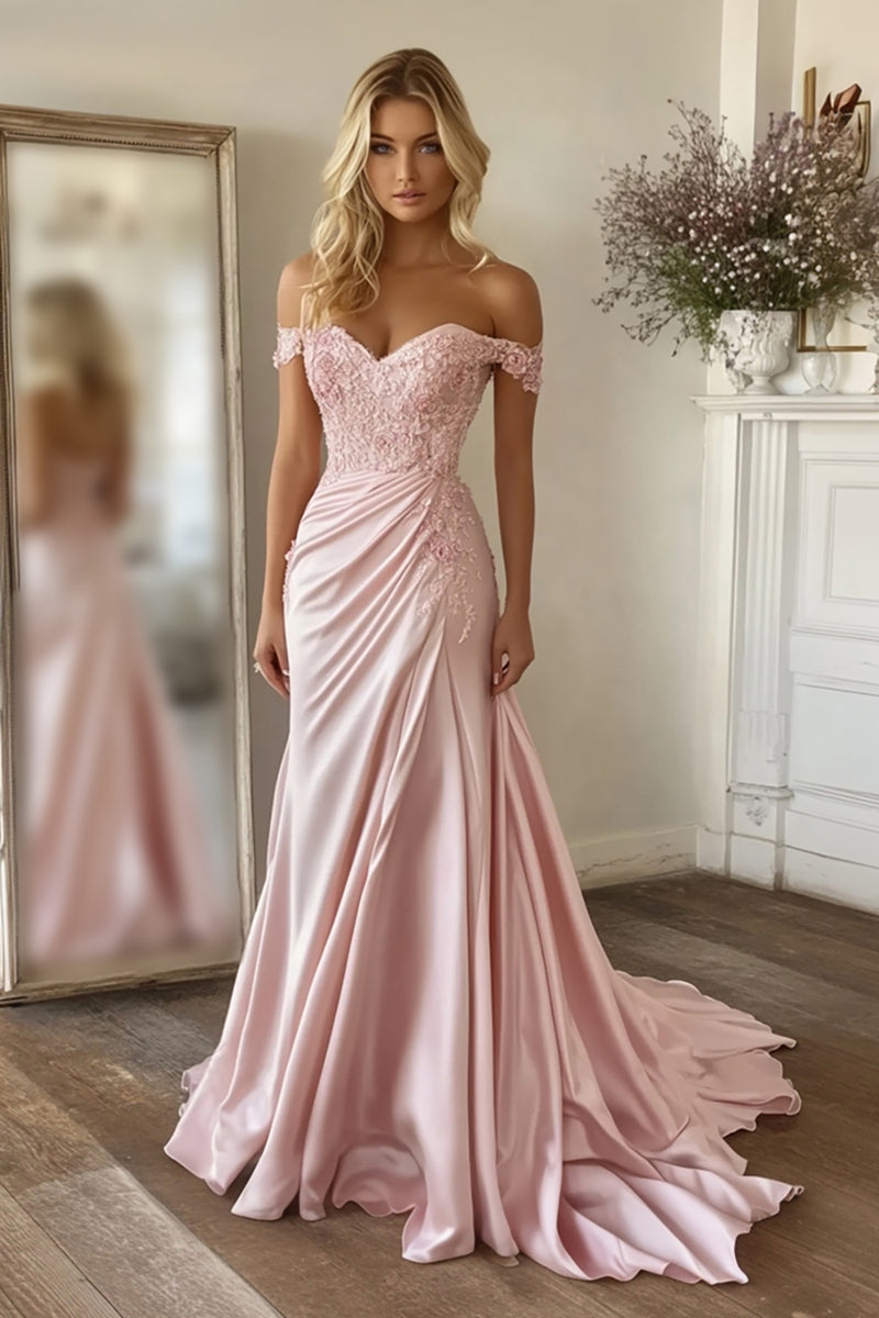 Load image into Gallery viewer, Pink A Line Satin Off the Shoulder Long Prom Dress with Appliques