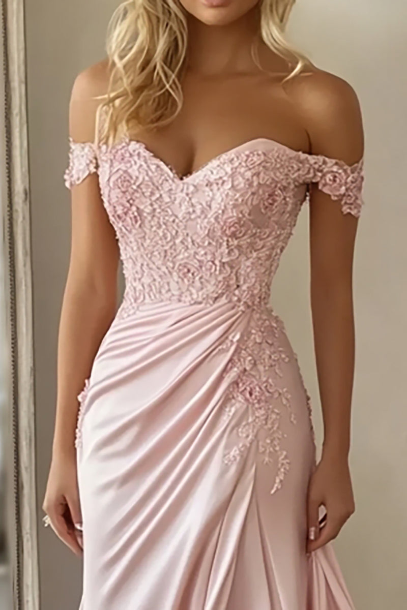 Load image into Gallery viewer, Pink A Line Satin Off the Shoulder Long Prom Dress with Appliques