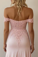 Load image into Gallery viewer, Pink A Line Satin Off the Shoulder Long Prom Dress with Appliques