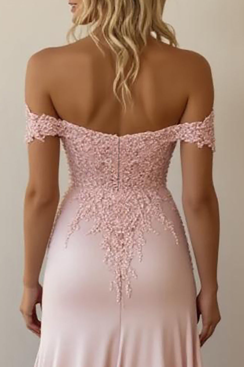 Load image into Gallery viewer, Pink A Line Satin Off the Shoulder Long Prom Dress with Appliques