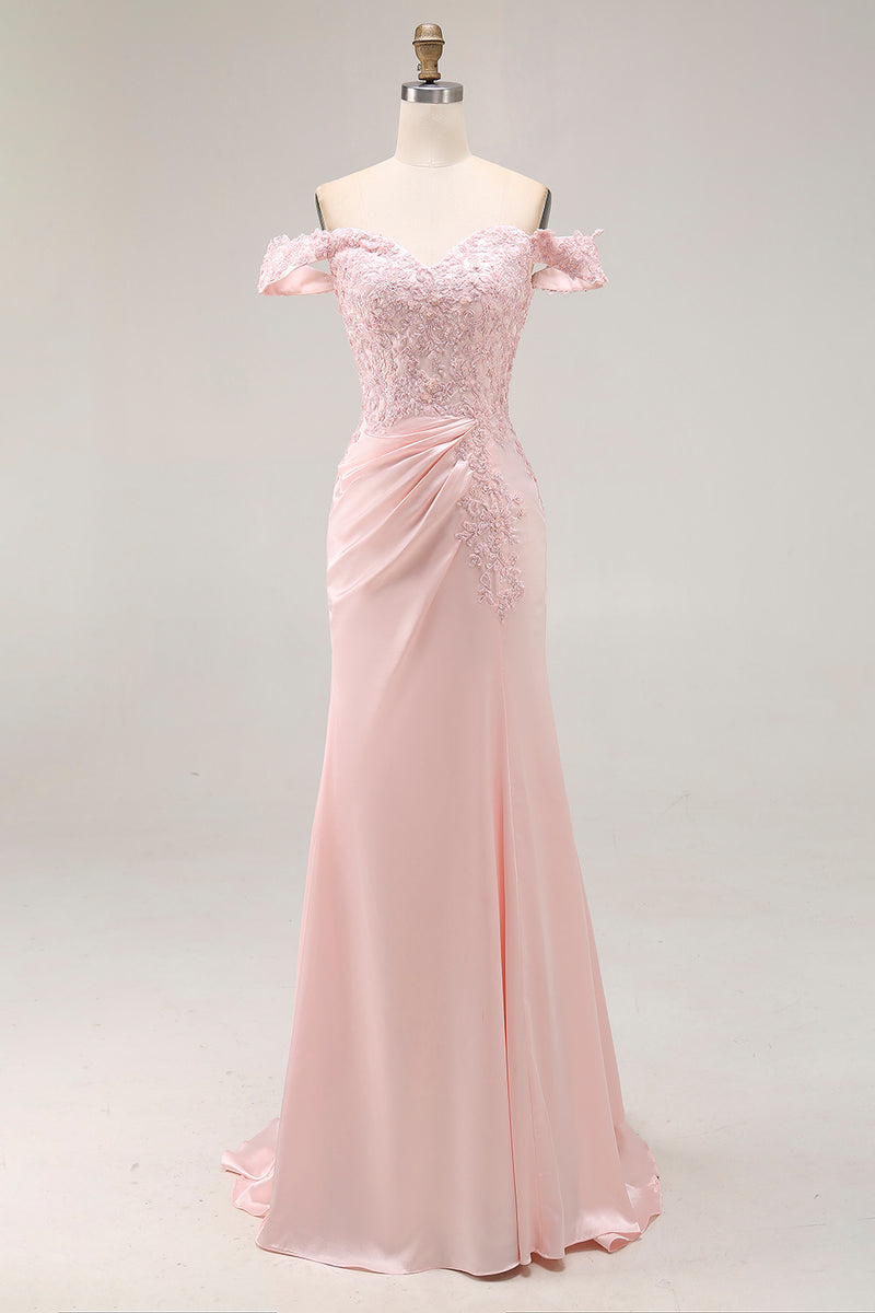 Load image into Gallery viewer, Pink A Line Off the Shoulder Satin Long Prom Dress with Appliques