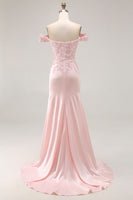 Load image into Gallery viewer, Pink A Line Satin Off the Shoulder Long Prom Dress with Appliques