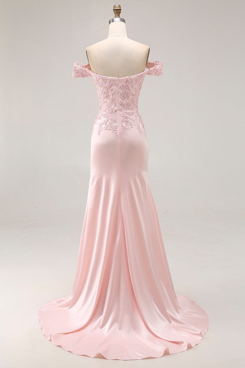Load image into Gallery viewer, Pink A Line Satin Off the Shoulder Long Prom Dress with Appliques