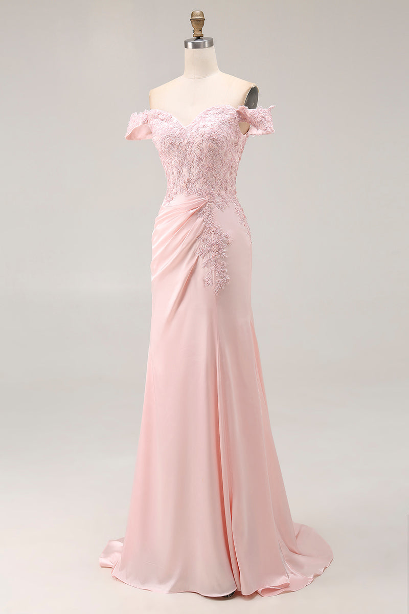Load image into Gallery viewer, Pink A Line Off the Shoulder Satin Long Prom Dress with Appliques