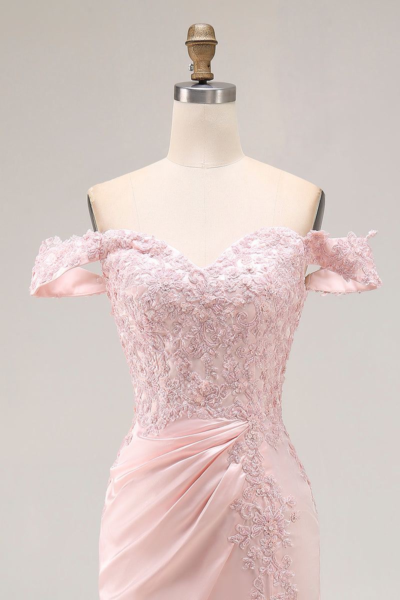 Load image into Gallery viewer, Pink A Line Off the Shoulder Satin Long Prom Dress with Appliques