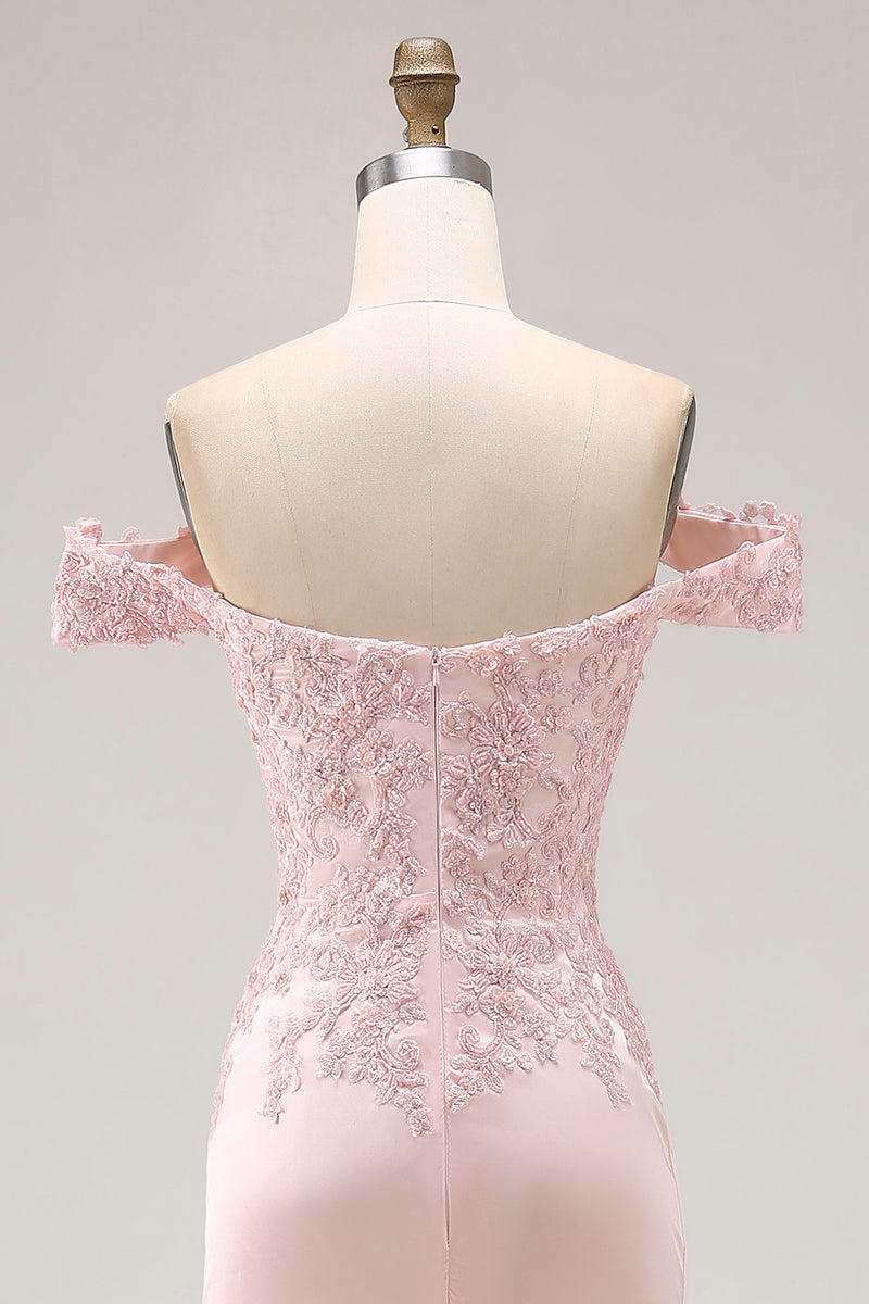 Load image into Gallery viewer, Pink A Line Off the Shoulder Satin Long Prom Dress with Appliques