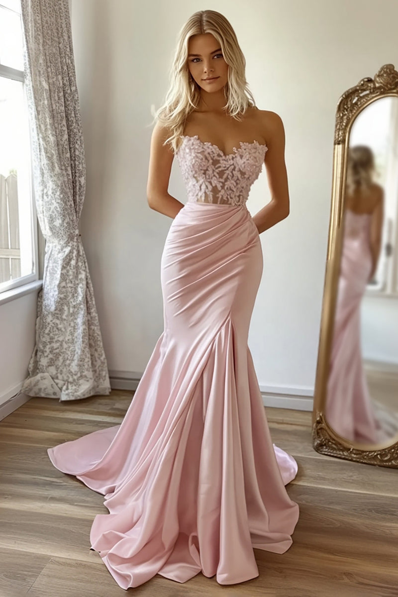 Load image into Gallery viewer, Queendancer Women Pink Satin Long Prom Dress with Lace Mermaid Appliqued Pleated Ruched Strapless Sweetheart Formal Dress
