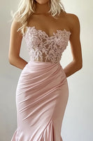 Load image into Gallery viewer, Pink Mermaid Satin Appliqued Strapless Long Prom Dress with Lace