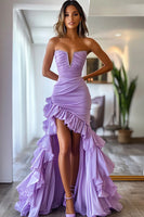 Load image into Gallery viewer, Queendancer Women Lilac Satin Long Prom Dress with Ruffles Sheath Strapless High-Low Formal Dress