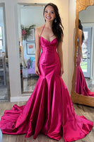 Load image into Gallery viewer, Fuchsia Satin Mermaid V-Neck Long Prom Dress