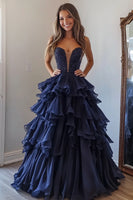 Load image into Gallery viewer, Navy Ball Gown Tulle Tiered Long Prom Dress