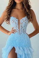 Load image into Gallery viewer, Sky Blue Chiffon A Line V-Neck Long Prom Dress with Slit