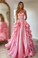 Load image into Gallery viewer, Pink Satin A Line Sweetheart Long Prom Dress with Ruffles