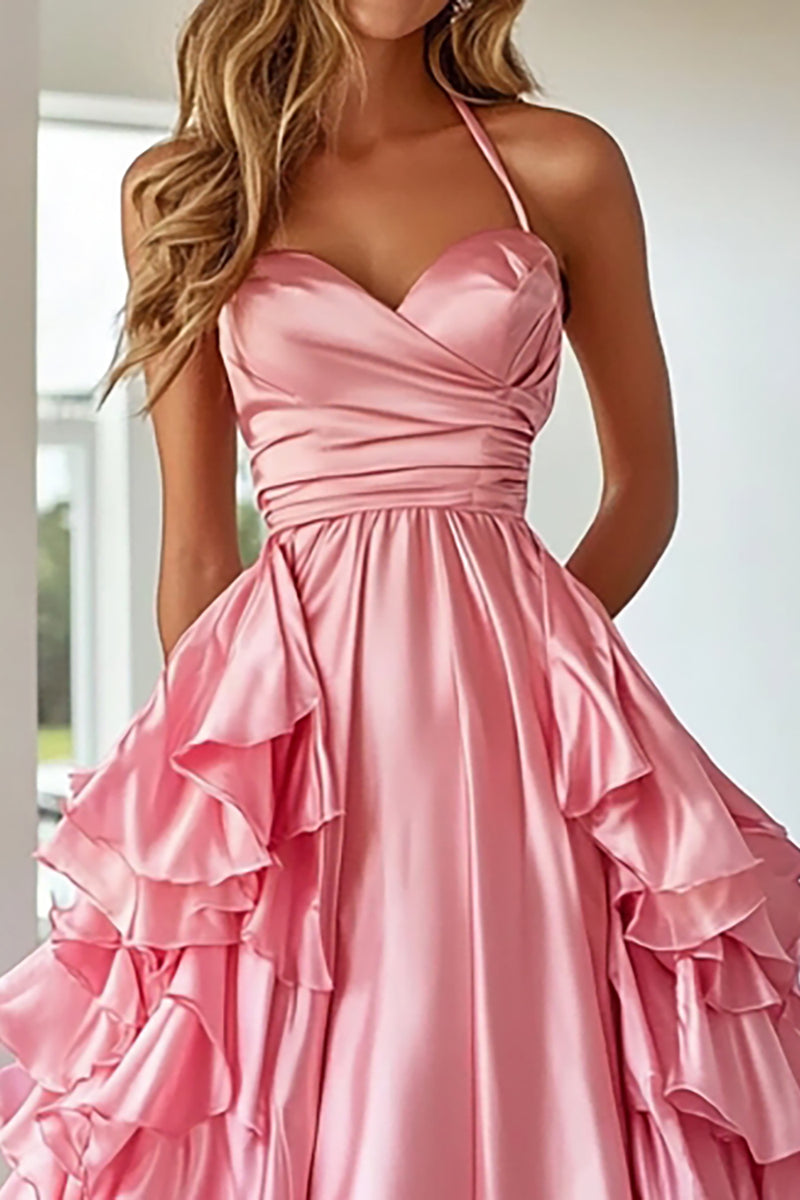 Sweet Pink Halter A Line Satin Long Prom Dress, Evening Dress C6190