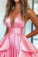 Load image into Gallery viewer, Pink Satin A Line V-Neck Long Prom Dress with Ruffles