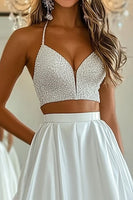 Load image into Gallery viewer, White Two-Piece Satin V-Neck Long Prom Dress with Slit