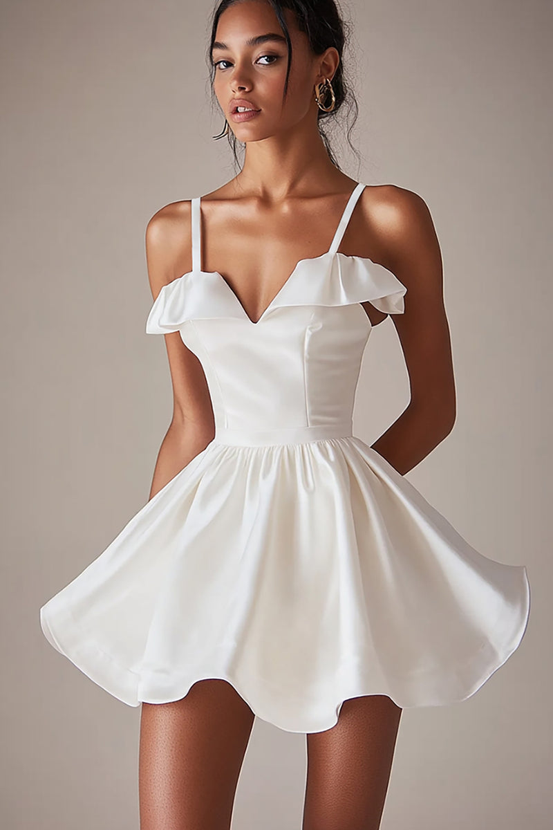 Load image into Gallery viewer, Satin A Line Spaghetti Straps Little White Dress
