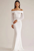 Load image into Gallery viewer, White Chiffon Off the Shoulder Sheath Long Rehearsal Dinner Dress
