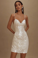 Load image into Gallery viewer, Sequins A Line Spaghetti Straps Little White Dress